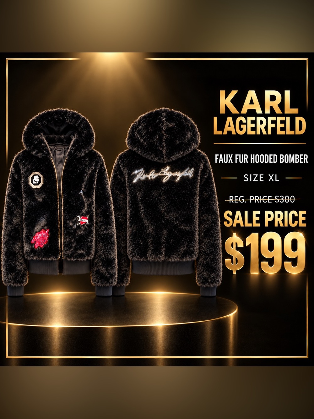 Karl Lagerfeld Black Faux Fur Hooded Bomber Jacket with Patch Detail